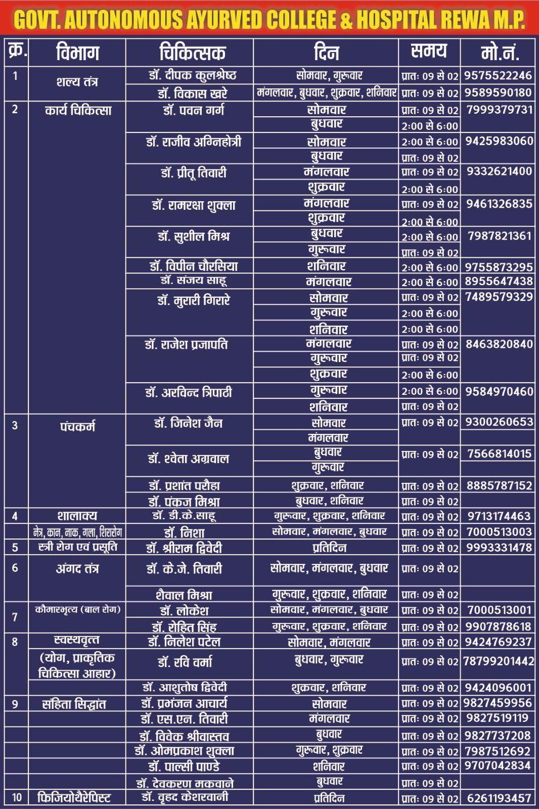 Hospital Timings Schedule